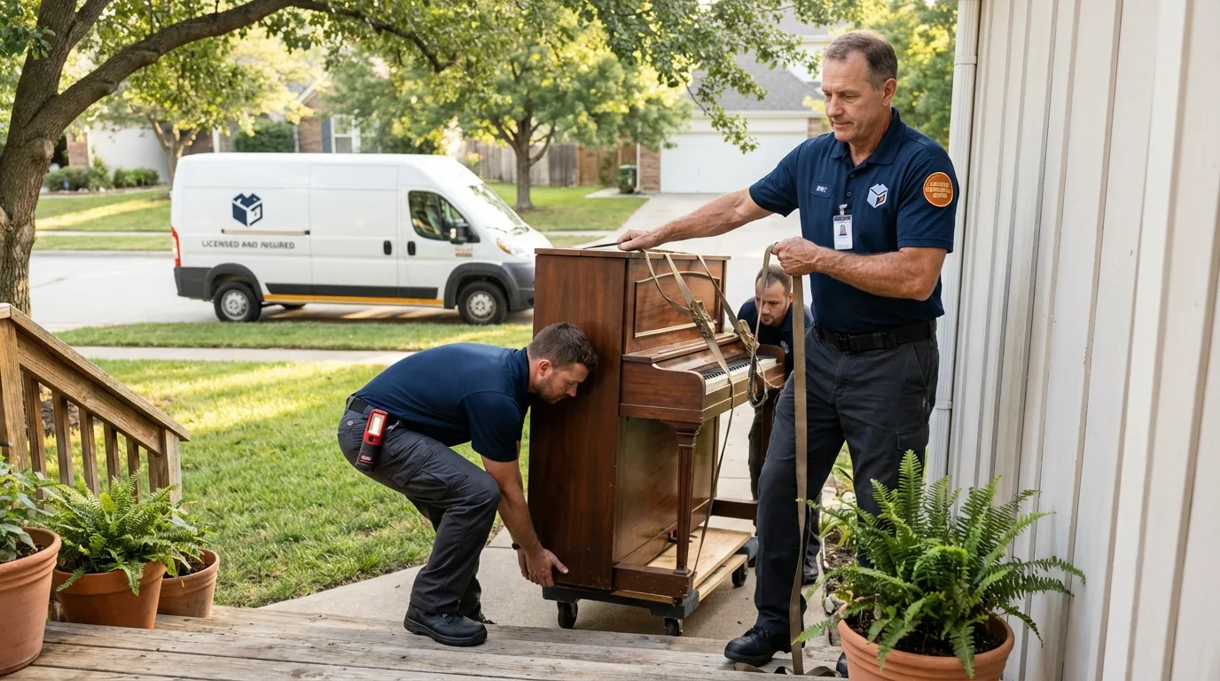 Licensed piano movers securing grand piano in Chatom, AL