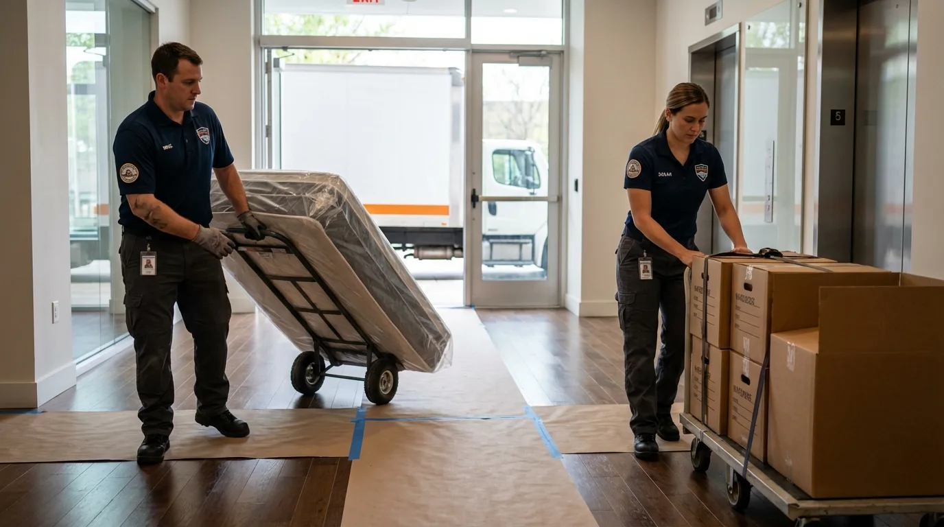 Professional apartment movers loading elevator in Chatom, AL